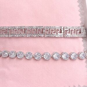White Gold bracelet set of 2, greek key watchband design and round cut tennis